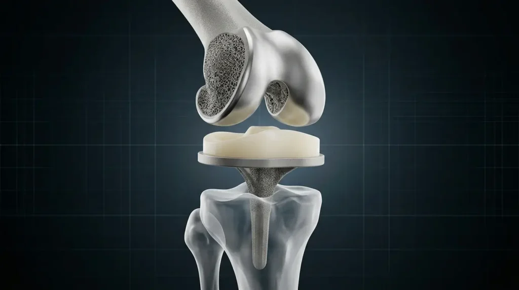 Illustration en 3D d'une prothèse totale de genou montrant les composants fémoral et tibial en métal reliés par un insert en polyéthylène