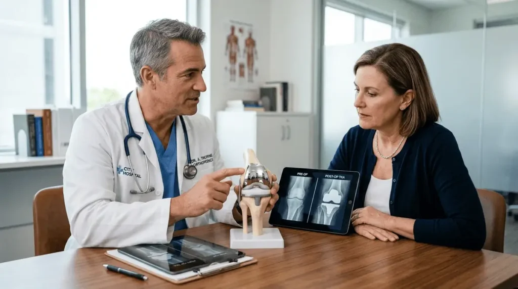 Chirurgien orthopédiste montrant un modèle de prothèse totale de genou et des radiographies à sa patiente en consultation