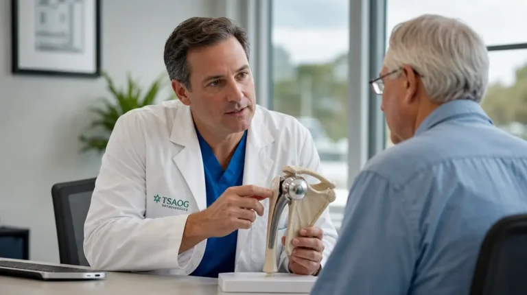 Chirurgien orthopédiste expliquant à un patient le fonctionnement d’une prothèse totale d’épaule anatomique sur un modèle osseux