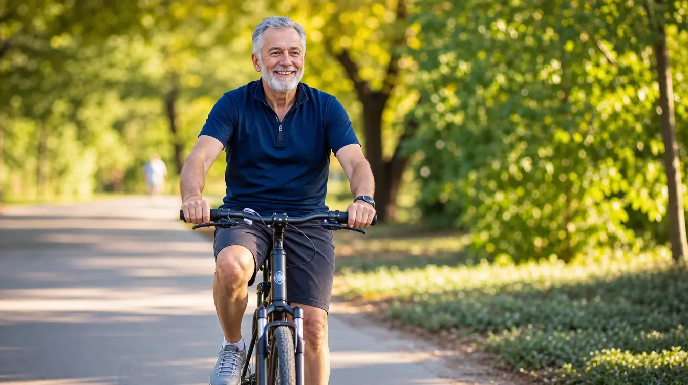 Patient à vélo en extérieur après une prothèse d’épaule, illustrant la reprise du sport vers le 3e mois